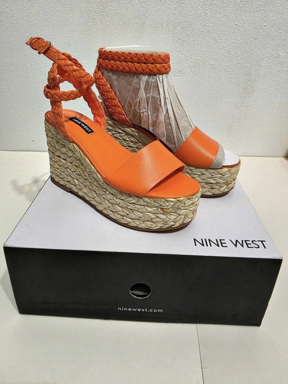 Nine West Keily Espadrille Platform Wedge Sandal Orange & Beige US 7 M
